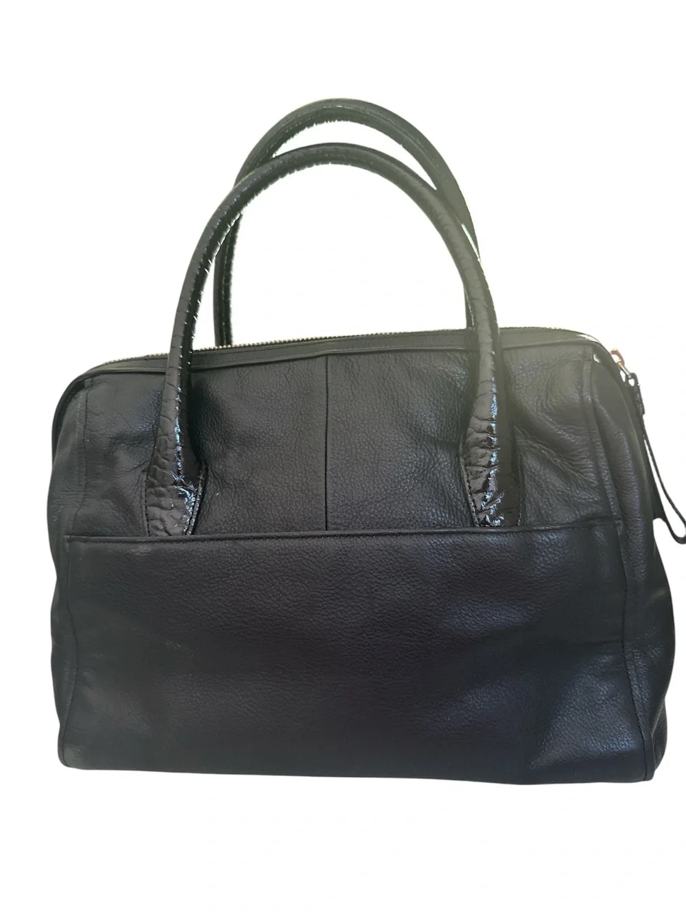 Cole Haan Black Pebbled Leather Satchel with Patent Croc Stripe